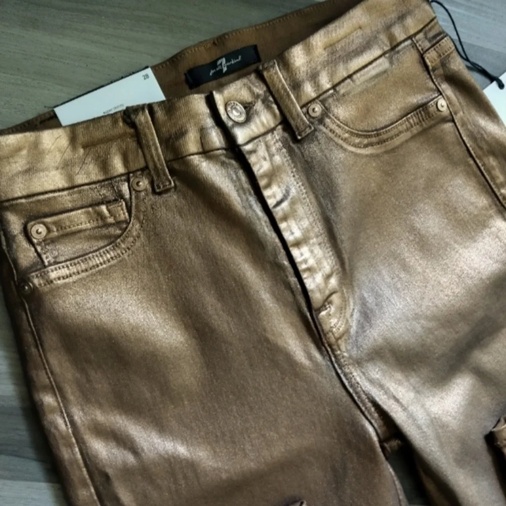 7 For All Mankind Metallic Gold High Waist Skinny Jeans - Picture 4 of 9
